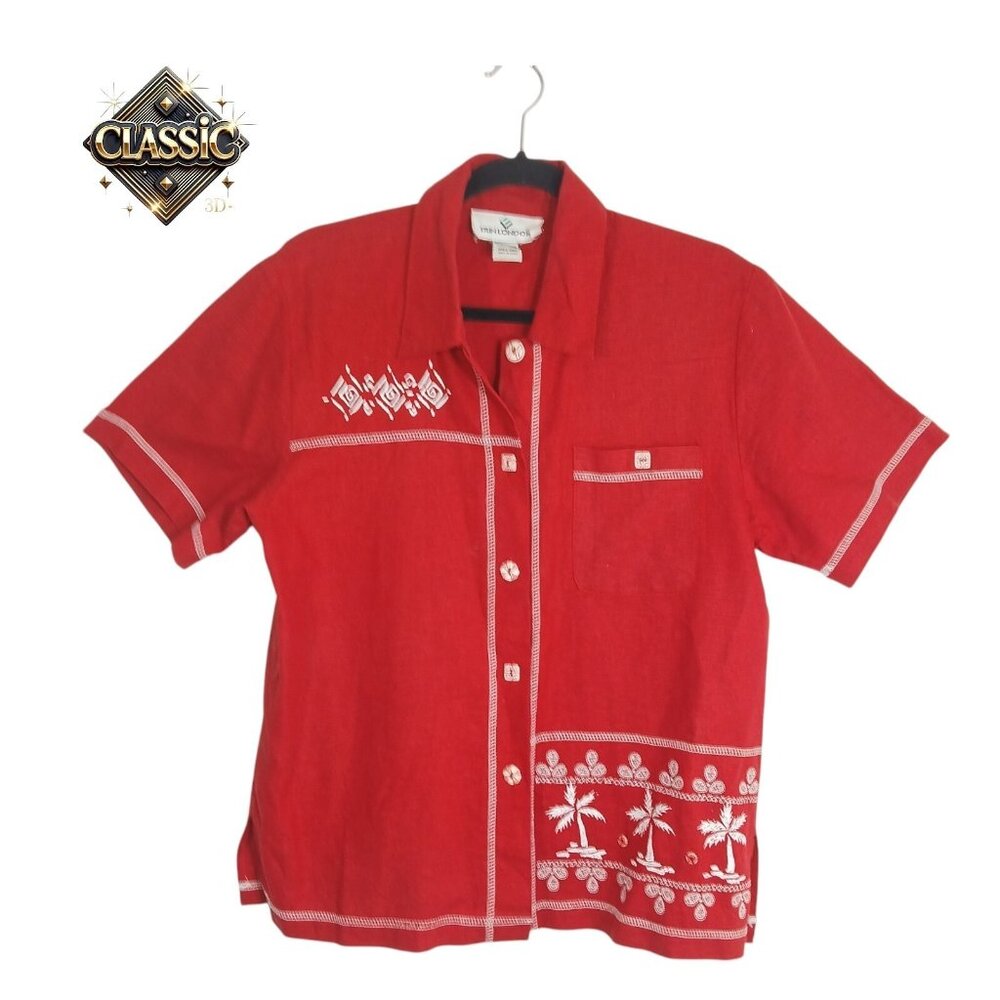 Erin London Red Embroidered Women's Shirt 🌴 Small Palm Trees Linen Blend